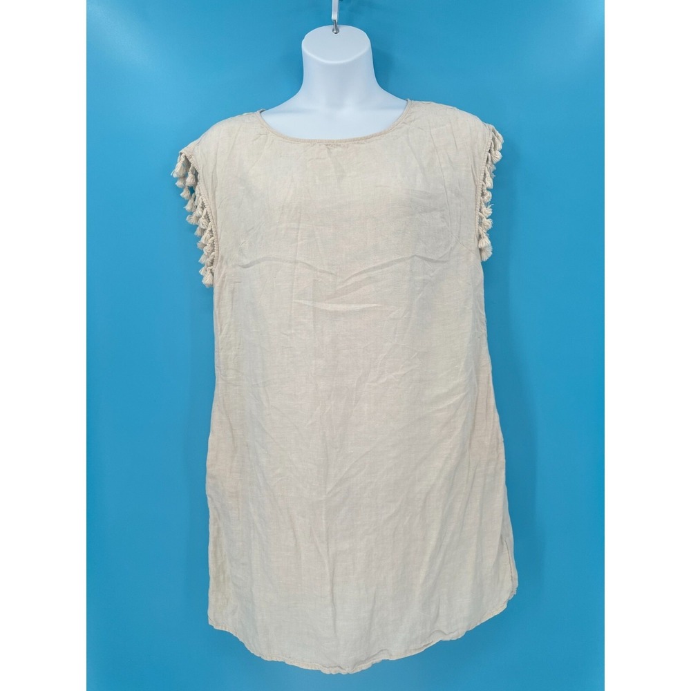 Shabby Chic 100% Linen Dress size Large Bone Tassels Romantic Cottagecore‎